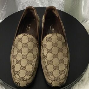 Gucci Brown Beige GG Canvas Slip-On Loafers